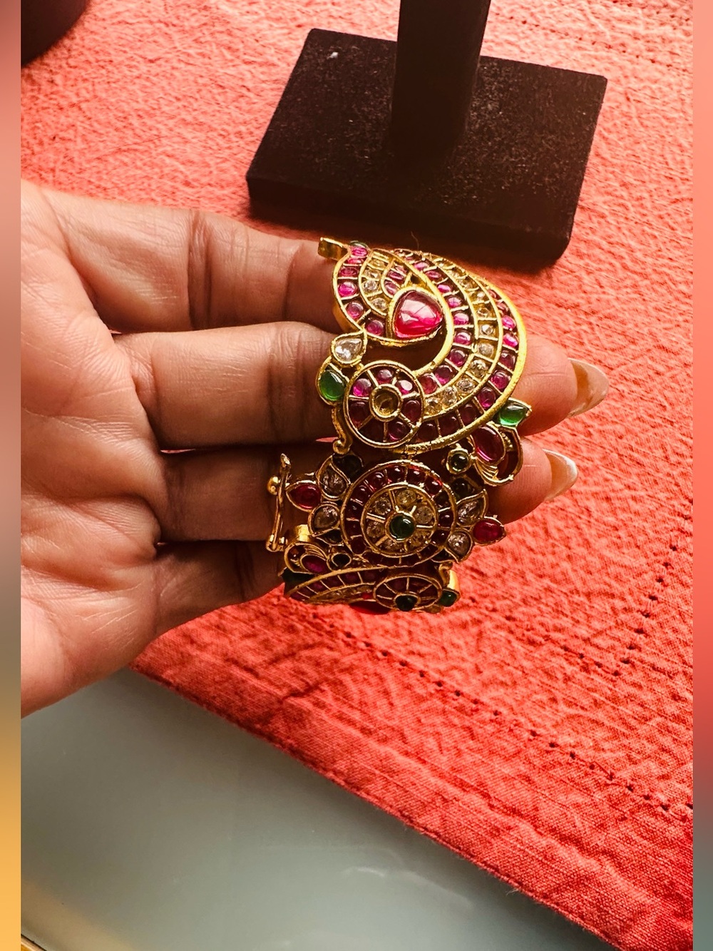 Gold-Tone Multicolor Kundan Bracelet with Jadau Pink/Green Stones Fits 2.4/2.6